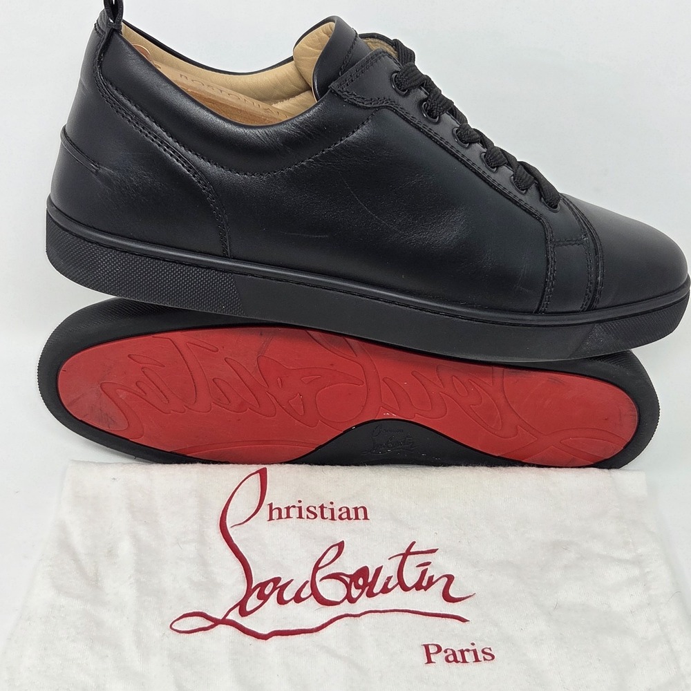 Christian Louboutin Men's Black Leather Lace-Up Sneakers Red Sole US 11